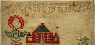 MID/LATE 19TH CENTURY RED HOUSE,  HUSBAND & WIFE & MOTIF SAMPLER - c.  1870 4