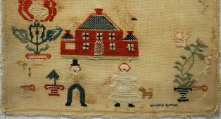 MID/LATE 19TH CENTURY RED HOUSE,  HUSBAND & WIFE & MOTIF SAMPLER - c.  1870 5