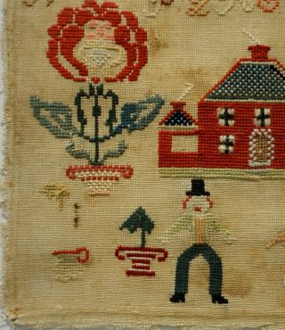 MID/LATE 19TH CENTURY RED HOUSE,  HUSBAND & WIFE & MOTIF SAMPLER - c.  1870 8