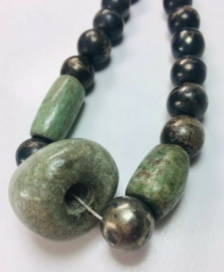 Ancient Mayan Green Jade Pre - Columbian Mezacala Polished Bead Silver Necklace