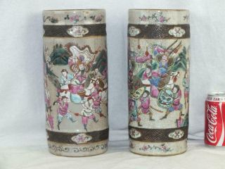 Pair 11.  75 " 19th C Chinese Porcelain Famille Rose Warriors Crackle Sleeve Vases