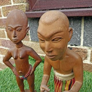 Pair Carved Wood African Ashanti Figures - Ashanti Fertility,  Tribal Drummer 10