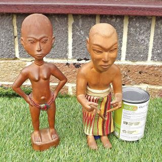Pair Carved Wood African Ashanti Figures - Ashanti Fertility,  Tribal Drummer 12