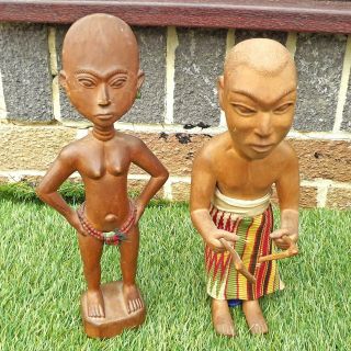 Pair Carved Wood African Ashanti Figures - Ashanti Fertility,  Tribal Drummer