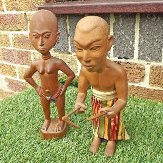 Pair Carved Wood African Ashanti Figures - Ashanti Fertility,  Tribal Drummer 4