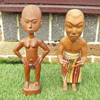 Pair Carved Wood African Ashanti Figures - Ashanti Fertility,  Tribal Drummer 7