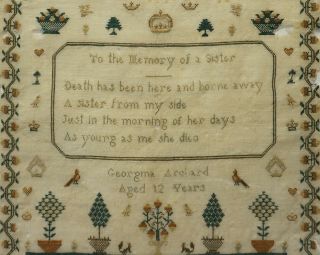 MID 19TH CENTURY MEMORIAL SAMPLER BY GEORGINA ARCHARD FOR HER SISTER - c.  1840 10