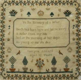 MID 19TH CENTURY MEMORIAL SAMPLER BY GEORGINA ARCHARD FOR HER SISTER - c.  1840 11