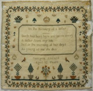 Mid 19th Century Memorial Sampler By Georgina Archard For Her Sister - C.  1840