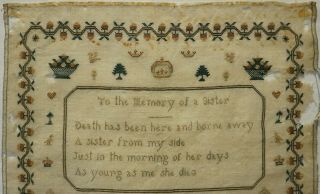 MID 19TH CENTURY MEMORIAL SAMPLER BY GEORGINA ARCHARD FOR HER SISTER - c.  1840 2