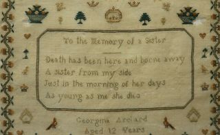 MID 19TH CENTURY MEMORIAL SAMPLER BY GEORGINA ARCHARD FOR HER SISTER - c.  1840 9