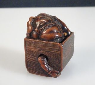 Japanese Carved Wood - Demon Hiding Inside Box - Netsuke - 56340
