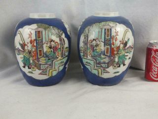 Good Pr 19th C Chinese Kangxi Marks Powder Blue Famille Verte Birds Jars / Vases