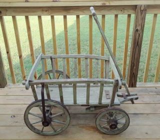 Antique Wood Child ' s Wagon Farm Hay Cart Buggy Banded 8 Spoke Wheels 11