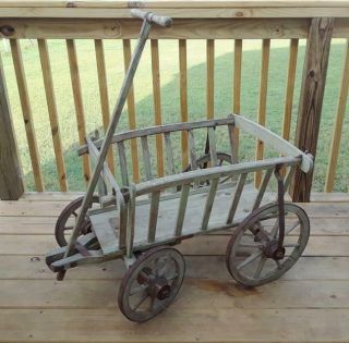 Antique Wood Child ' s Wagon Farm Hay Cart Buggy Banded 8 Spoke Wheels 2