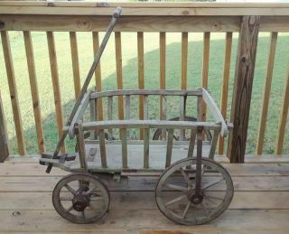 Antique Wood Child ' s Wagon Farm Hay Cart Buggy Banded 8 Spoke Wheels 3