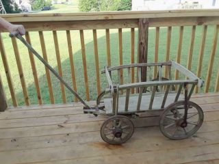 Antique Wood Child ' s Wagon Farm Hay Cart Buggy Banded 8 Spoke Wheels 4