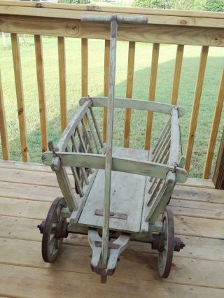 Antique Wood Child ' s Wagon Farm Hay Cart Buggy Banded 8 Spoke Wheels 5