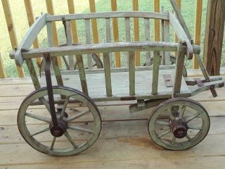 Antique Wood Child ' s Wagon Farm Hay Cart Buggy Banded 8 Spoke Wheels 6