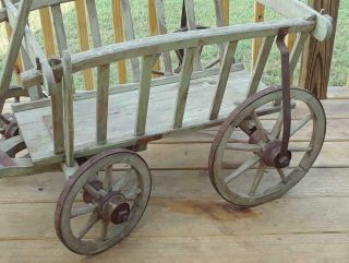 Antique Wood Child ' s Wagon Farm Hay Cart Buggy Banded 8 Spoke Wheels 7