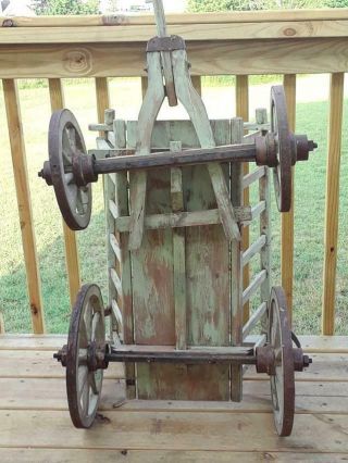 Antique Wood Child ' s Wagon Farm Hay Cart Buggy Banded 8 Spoke Wheels 8