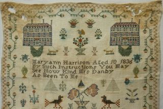 EARLY 19TH CENTURY ADAM & EVE & DOUBLE HOUSE SAMPLER BY MARYANN HARRISON - 1836 2