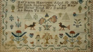 EARLY 19TH CENTURY ADAM & EVE & DOUBLE HOUSE SAMPLER BY MARYANN HARRISON - 1836 8