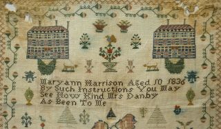 EARLY 19TH CENTURY ADAM & EVE & DOUBLE HOUSE SAMPLER BY MARYANN HARRISON - 1836 9