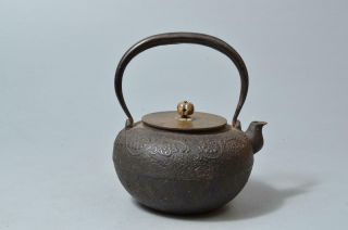 T3427: Japan Xf Old Iron Tea Kettle Teapot Tetsubin,  Ryubun - Do Made W/copper Lid