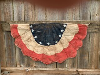 Primitive Farmhouse Americana Distressed And Aged Flag Bunting On Old Fencewood