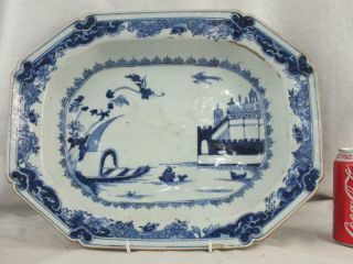 Large 18th C Chinese Porcelain Blue & White Carp Duck Bird Platter
