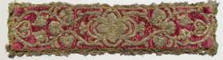 Antique 18th Century Embroidered W/ Metal Thread Velvet 4.  5 By 20 " Textile