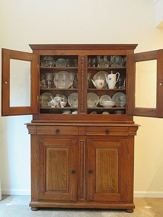Antique Pine China Cabinet Sideboard Cupboard Breakfront Hutch Bookcase Kitchen