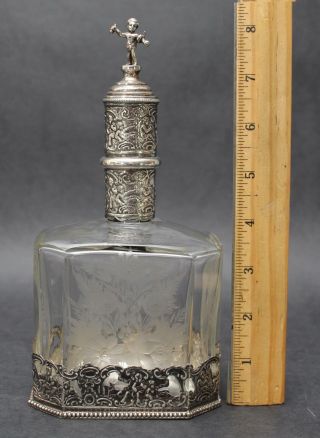 Antique Etched Glass & Continental Hallmarked Silver Liquor Decanter Bottle