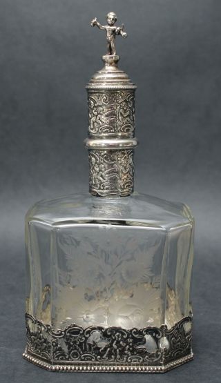 Antique Etched Glass & Continental Hallmarked Silver Liquor Decanter Bottle 2