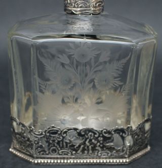 Antique Etched Glass & Continental Hallmarked Silver Liquor Decanter Bottle 5