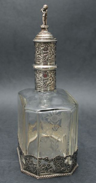 Antique Etched Glass & Continental Hallmarked Silver Liquor Decanter Bottle 7