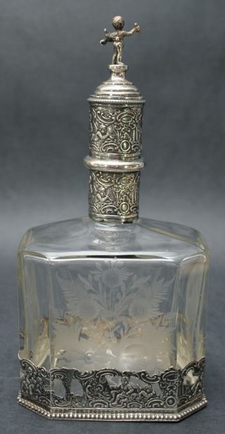 Antique Etched Glass & Continental Hallmarked Silver Liquor Decanter Bottle 8