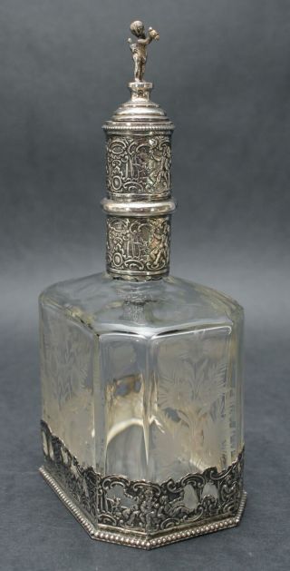 Antique Etched Glass & Continental Hallmarked Silver Liquor Decanter Bottle 9