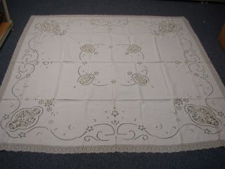 Antique Italy White Linen W Lace,  Cutwork,  Embroidered Flowers Tablecloth 72x70