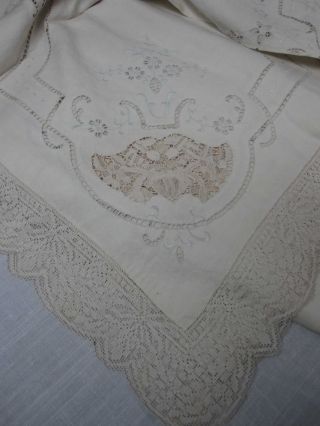 Antique White Linen & Lace Tablecloth 70 " X 90 " With 12 Matching Napkins 17 "