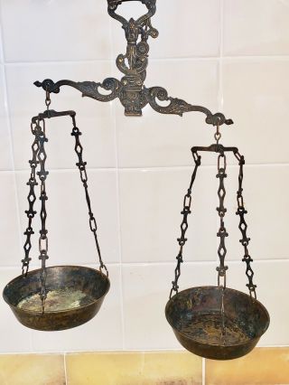 Antique Brass Hanging Beam Balance Scale 2 Pans Very Ornate With Fine Patina