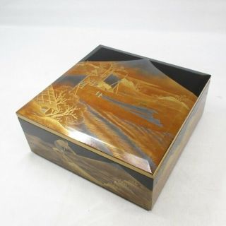 H396 Japanese Old Lacquered Square Covered Bowl Kashiki With Fantastic Makie 2/2