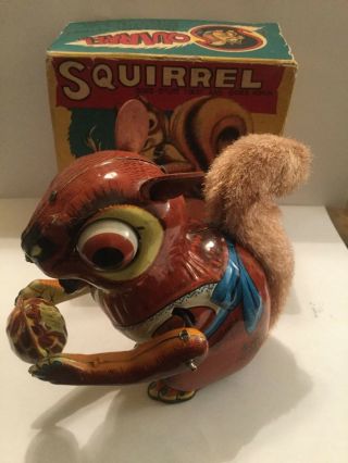 Vintage 50s Mechanical Crazy Squirrel Tin Windup Toy Japan.  Box