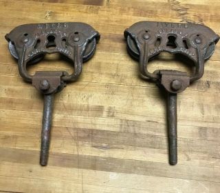 Pair Antique Vtg Myers Stayon Stay On Farm Barn Door Track Roller Trolley Pulley