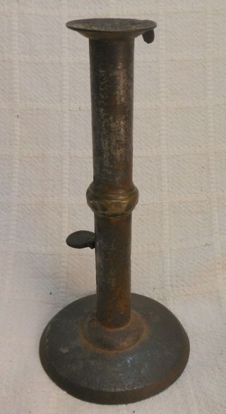 Antique Iron " Wedding Ring " Push - Up Candlestick With Brass Ring