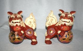 Two (2) Chinese Asian Oriental Foo Dogs Statues Art Pottery