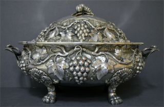 3.  7KG HEAVY LARGE IMPRESIVE MARKED SPANISH SOLID SILVER SOUP TUREEN WINE GRAPES 2