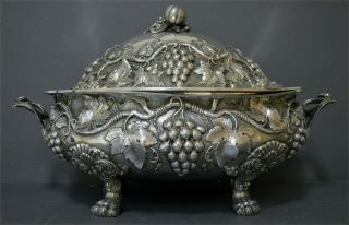 3.  7KG HEAVY LARGE IMPRESIVE MARKED SPANISH SOLID SILVER SOUP TUREEN WINE GRAPES 4