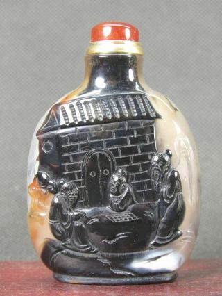 Chinese Three Elder Horse Carved Natural Agate Snuff Bottle